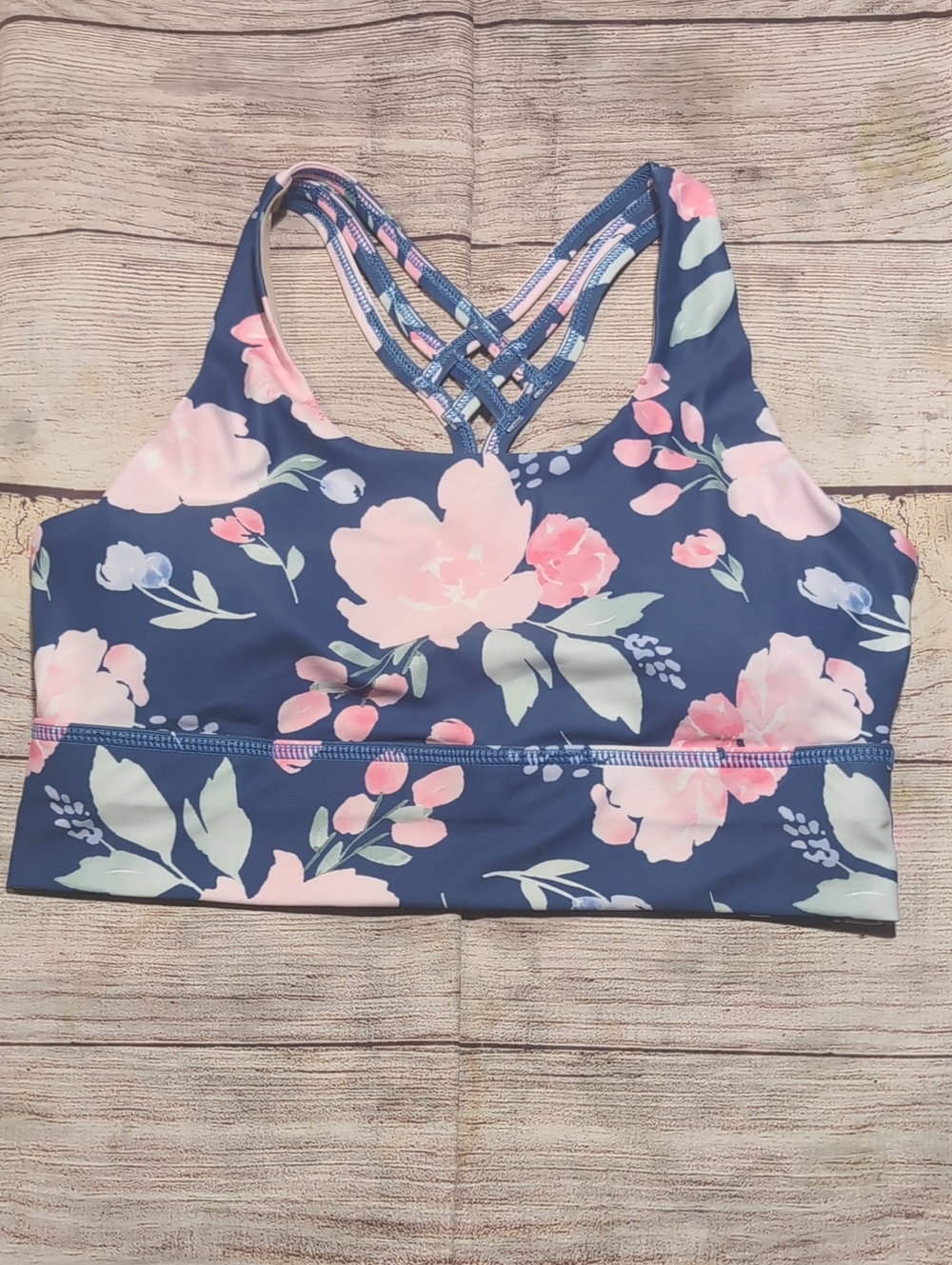 Maven Thread Blue With Pink Floralaffel Removable Pads Swim Crop Top Size L